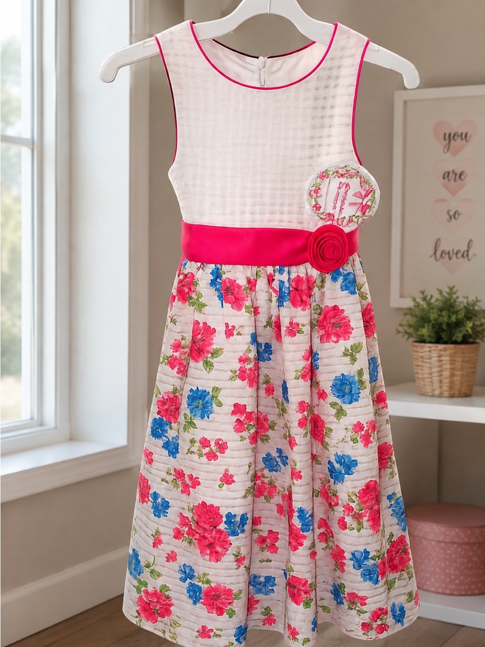 American Princess White Floral Dress with Pink and Blue Accents